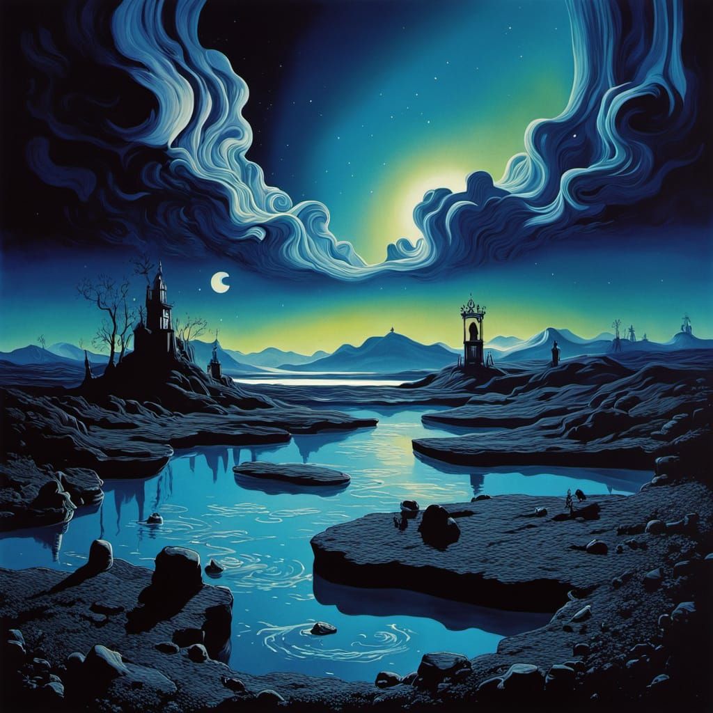 Surreal Aurora Borealis with Melting Clocks in Watercolor St...