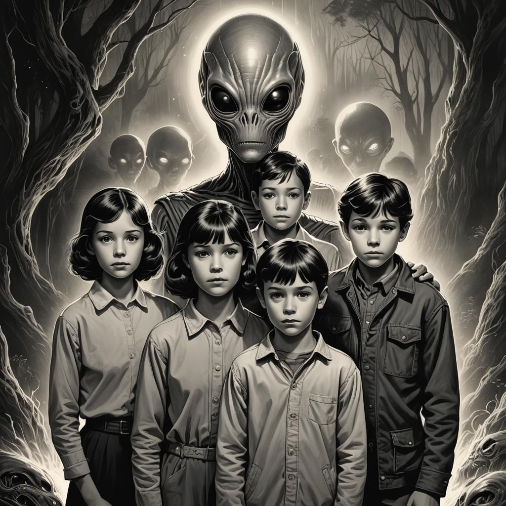 Eerie Family Portrait with Alien, Vintage Style