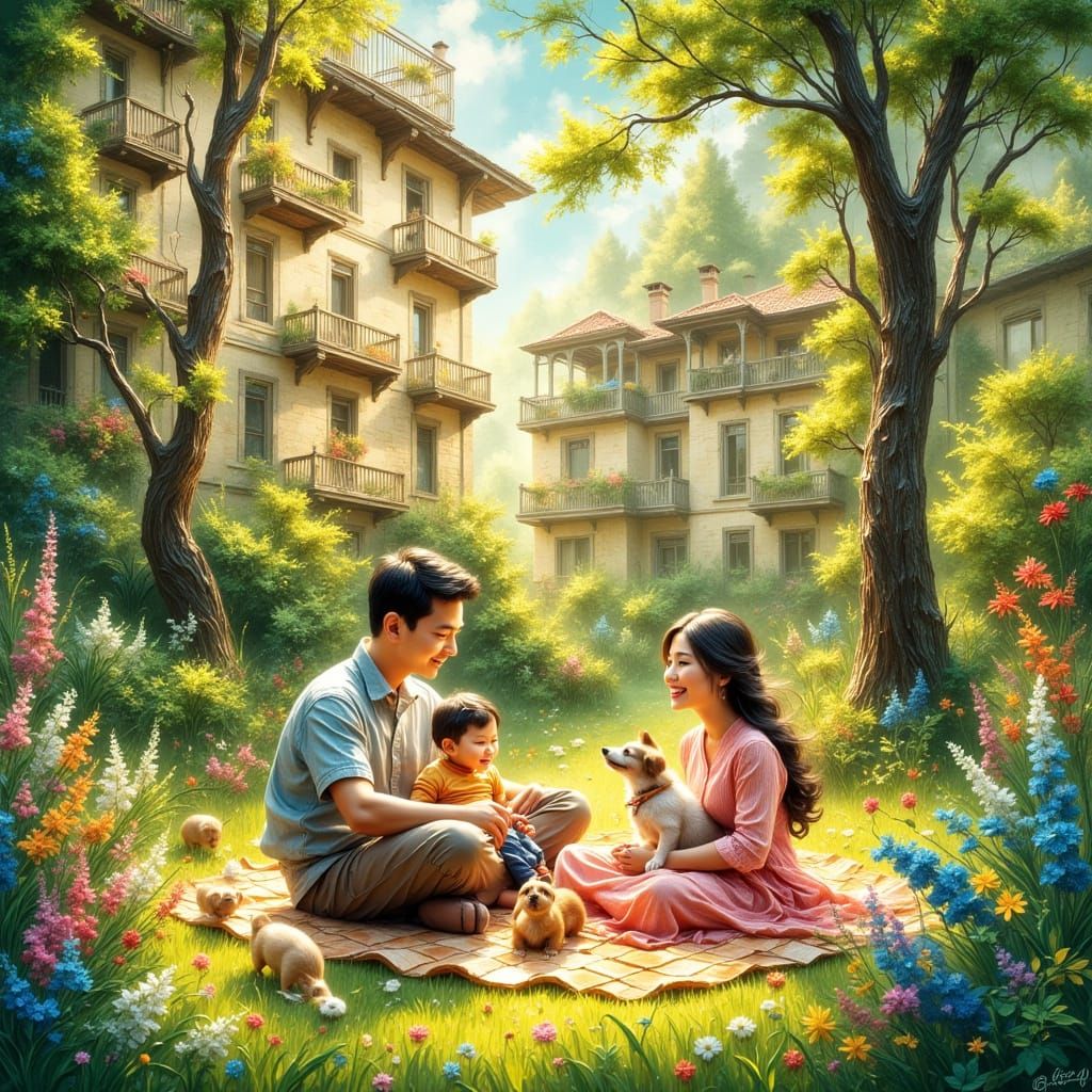 Asian Family Garden Scene in Whimsical Style