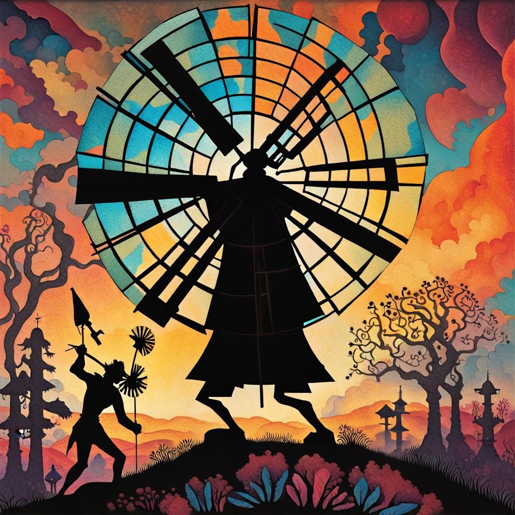 Don Quixote's Psychedelic Windmill Battle: Ink Art