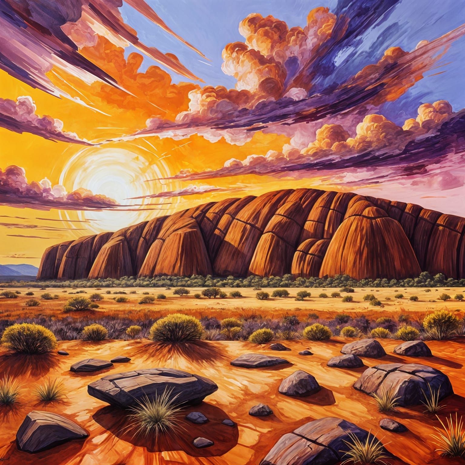 Sunset over Barren Landscape with Bushes and Trees