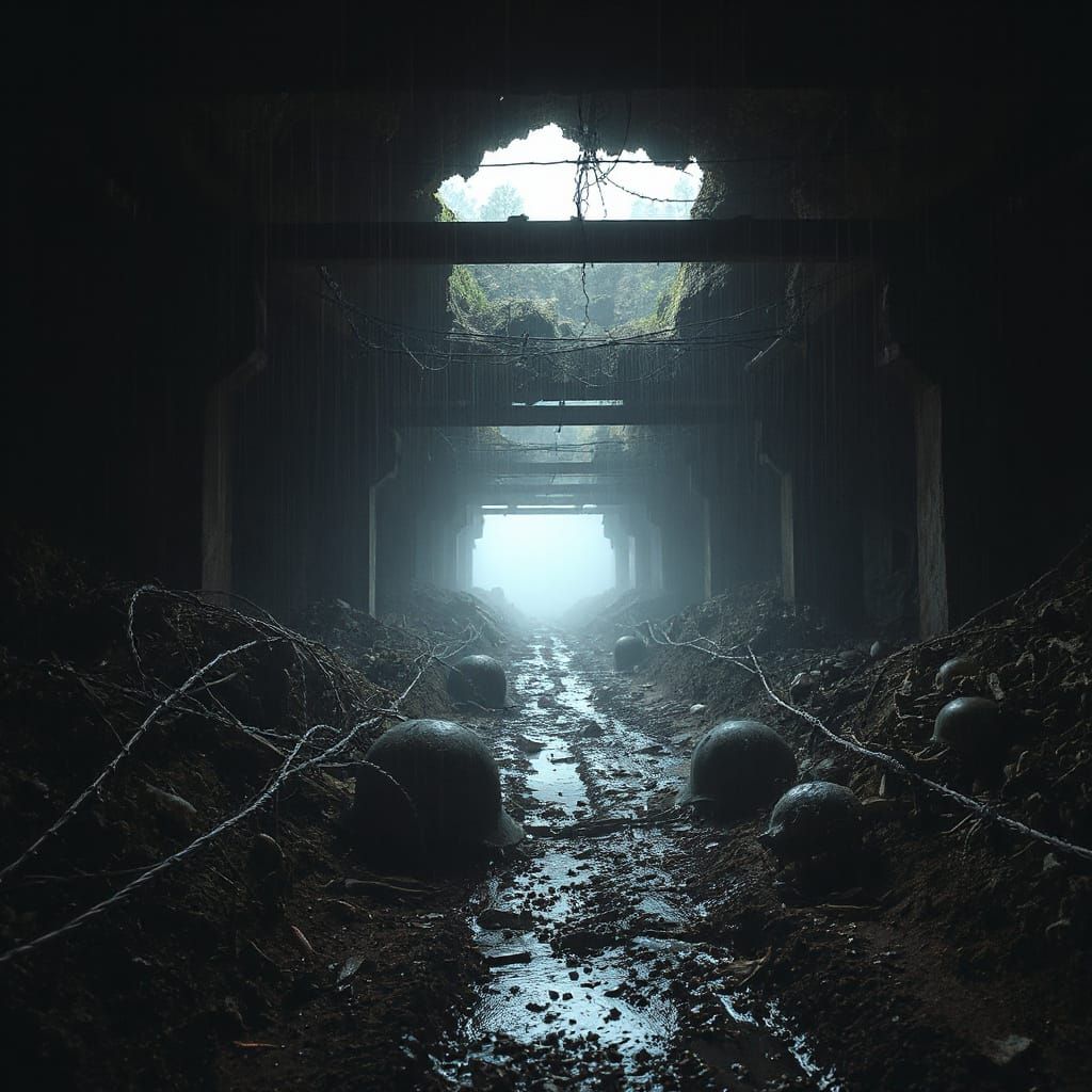 Eldritch Trenches in Dark, Ominous Fog