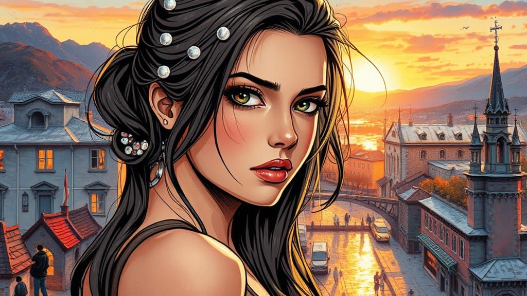 Anime Portrait of a Young Woman in an Idyllic Evening Scene