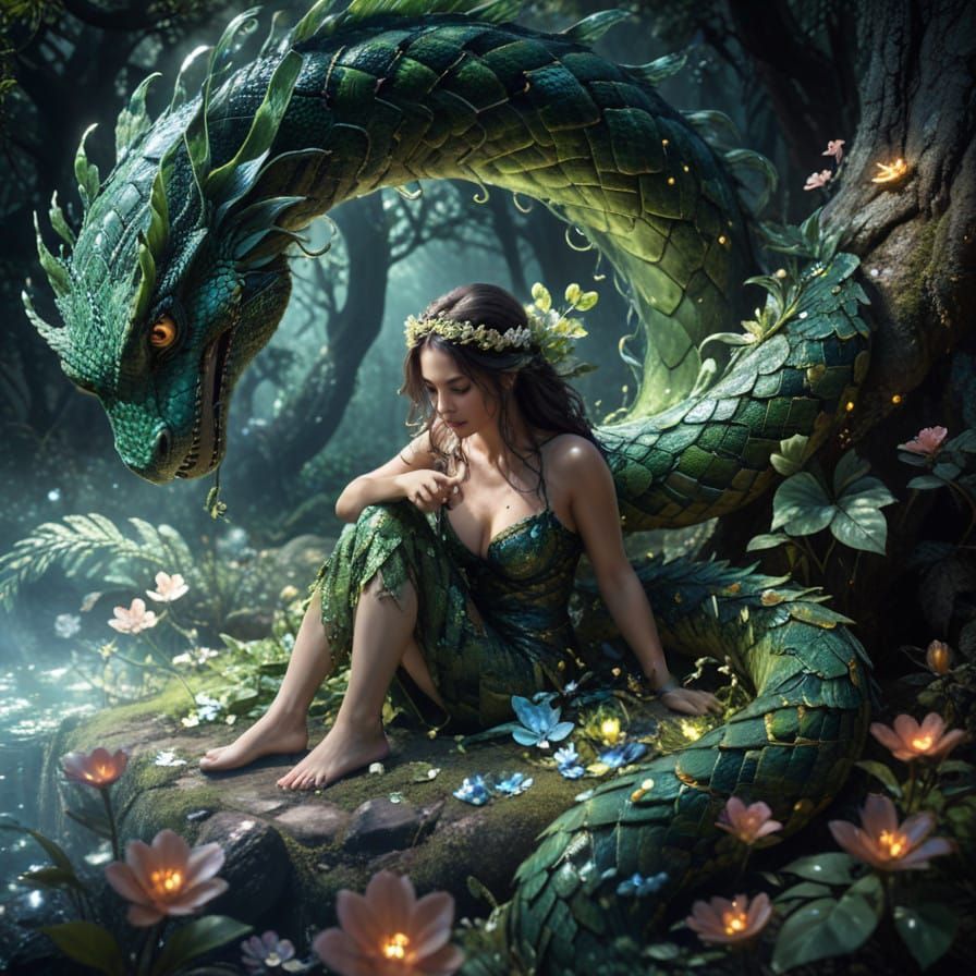 Emerald Serpent Goddess in a Dark Mystic Forest