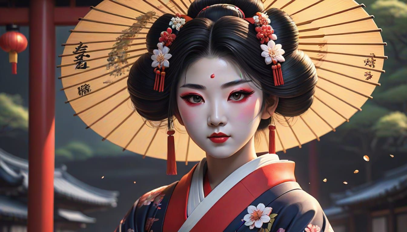 Elegant Geisha in 3D Anime Style