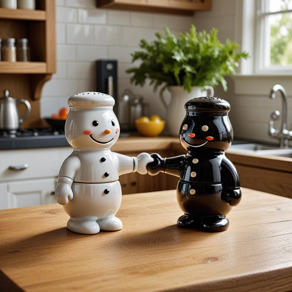 Charming Salt and Pepper Shakers Holding Hands in a Cozy Kit...