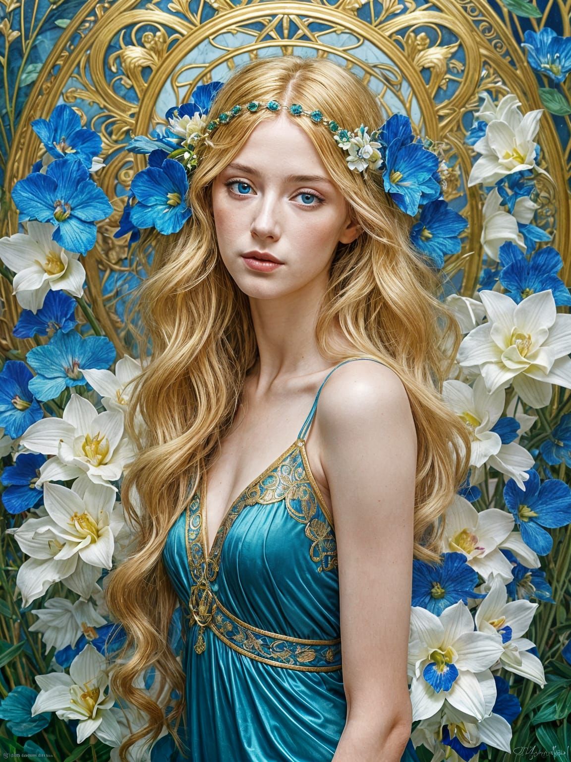 Elegant Goddess in Art Nouveau Style with Golden Hues and Fl...