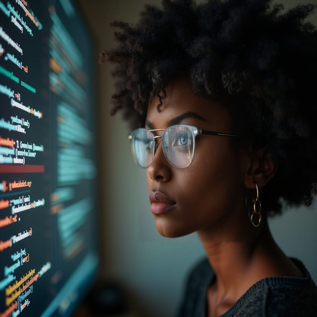 African Woman in Profile with Laptop-Themed Glasses