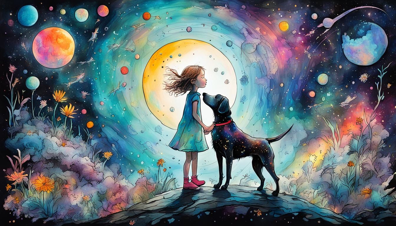 Girl and Dog: Holographic Cosmic Illustration