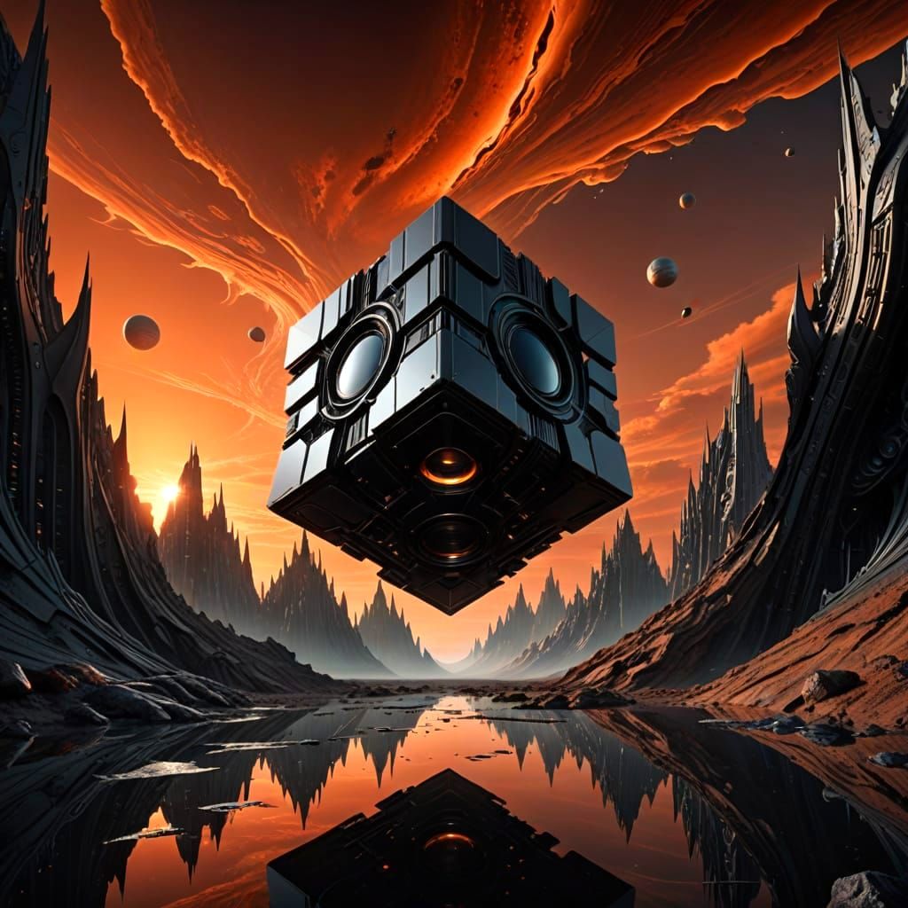 Space Station Obsidian Cube on Alien Planet