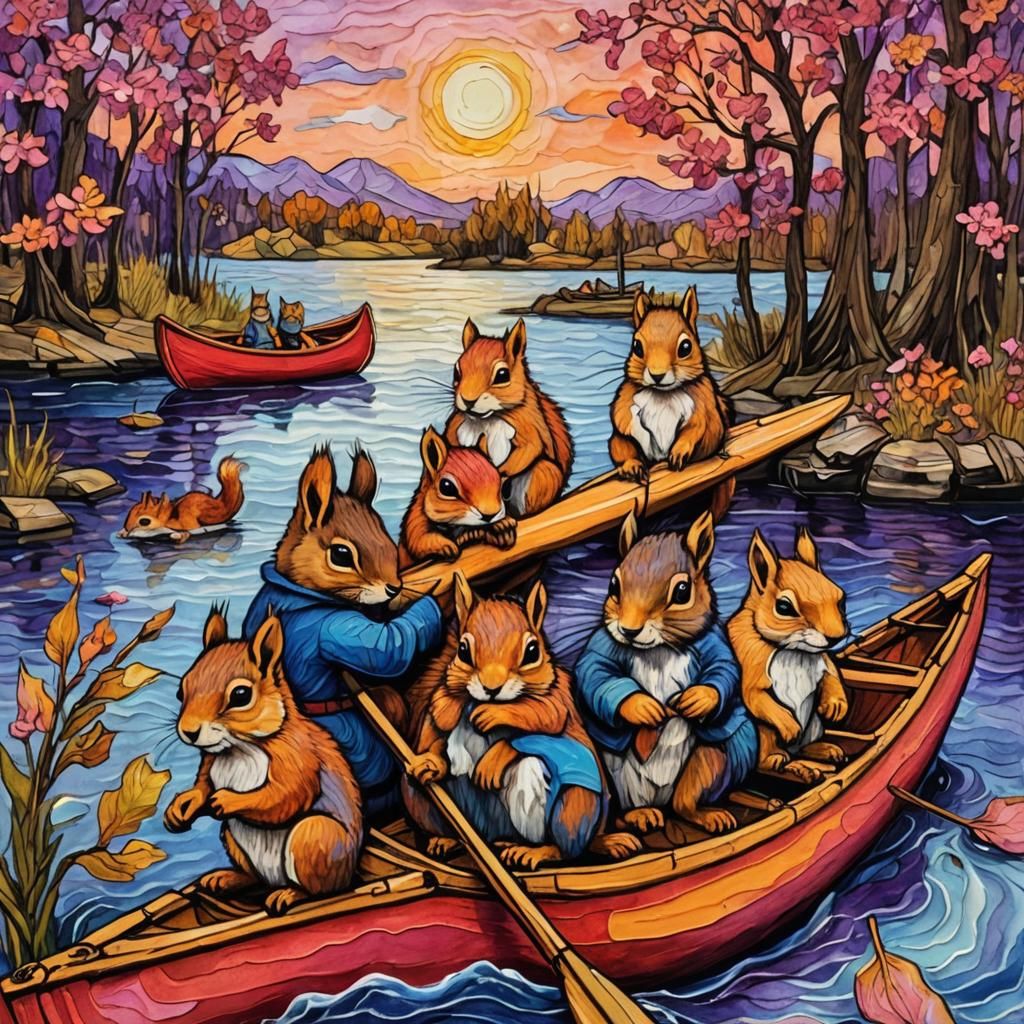 Squirrels in a Canoe, Impasto Alcohol Ink Drawing