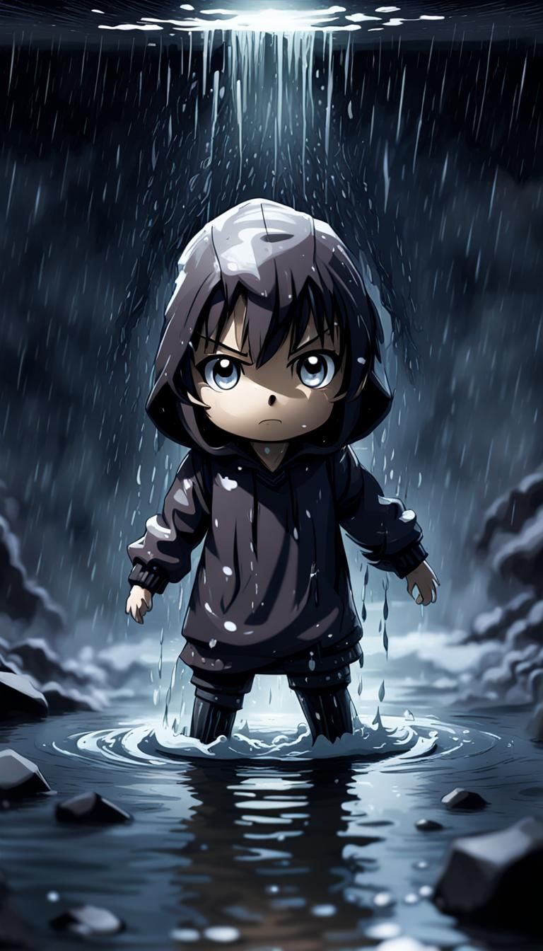 Chibi Shadow Figure in Rainy River