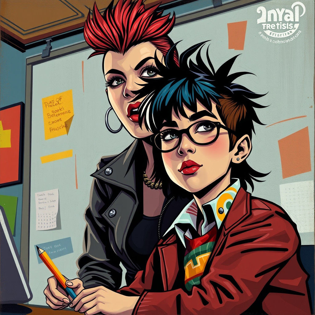 Punk Teacher and Student in Cubist Style