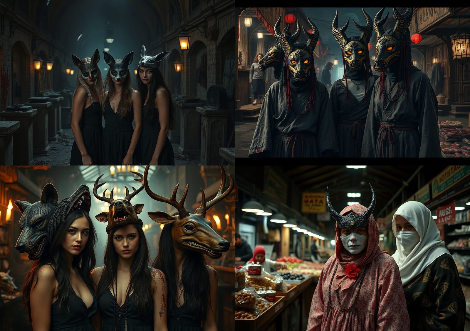 Horror Scene: Girls in Animal Masks on Bloody Market