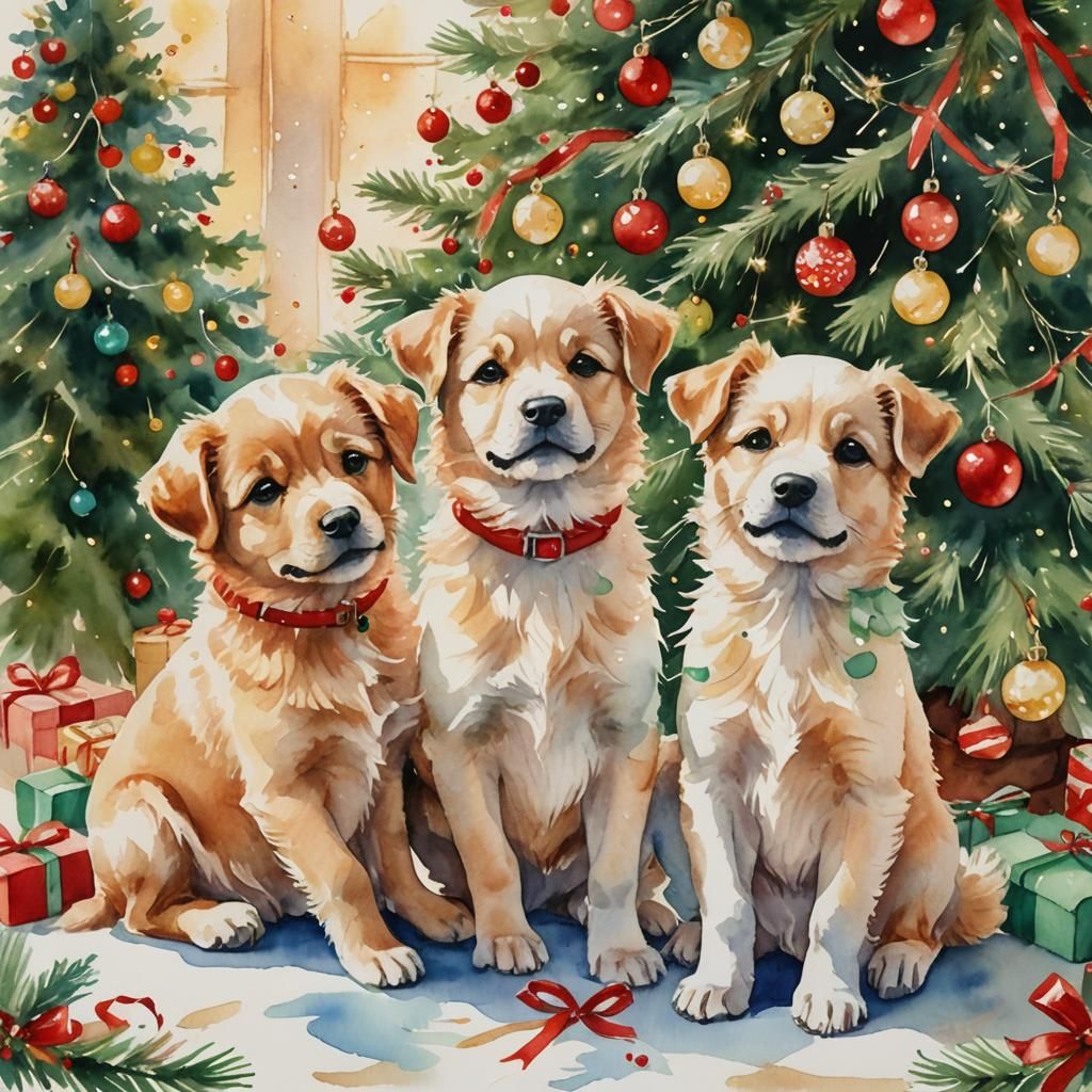 Whimsical Watercolor Christmas Scene with 3 Little Puppies