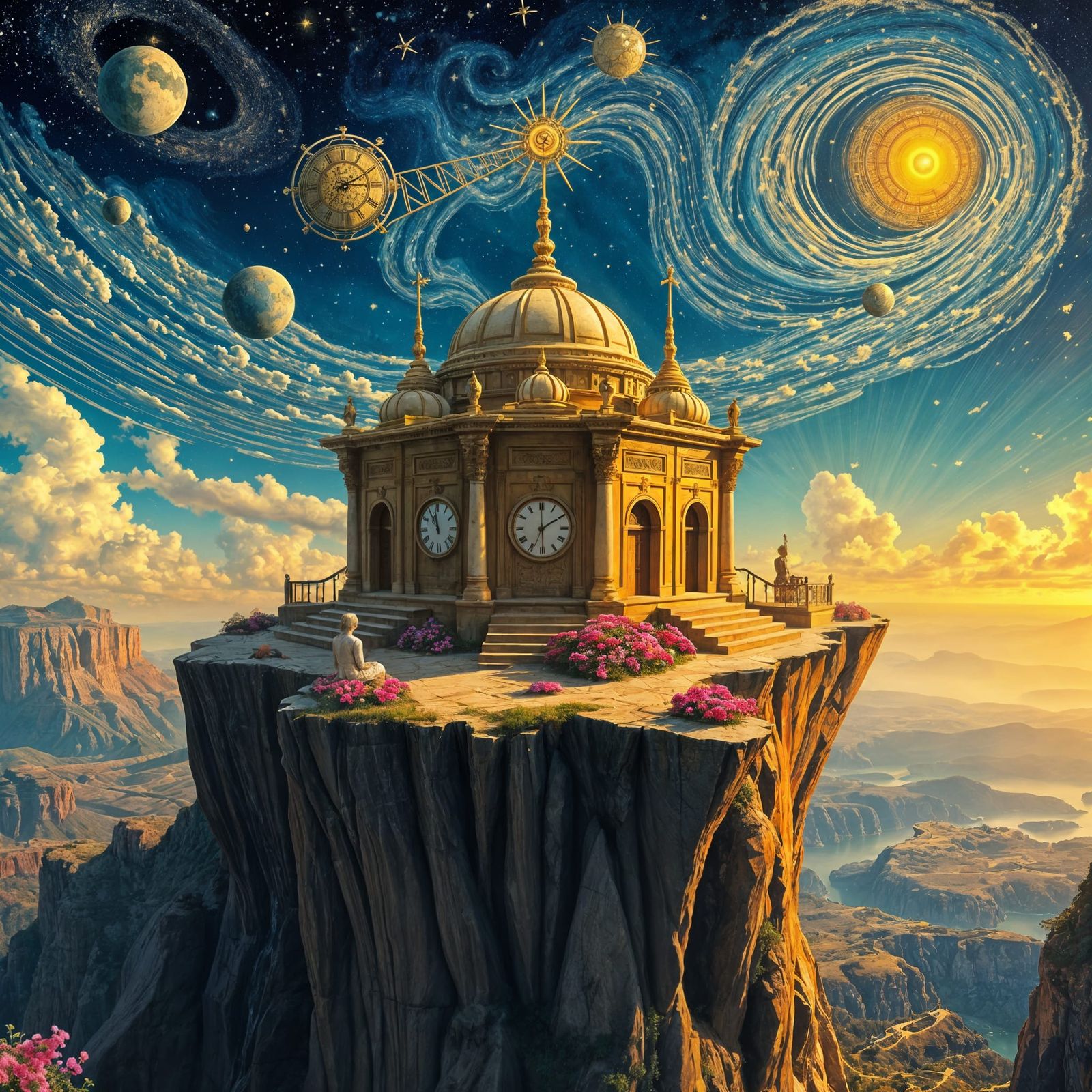 Surreal Temple Fusion: Van Gogh, Dalí, and More