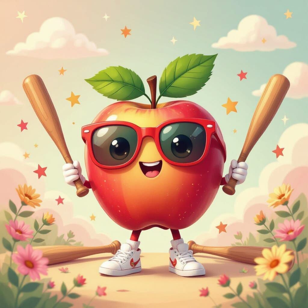 Whimsical Apple Character in Retro Digital Art Style