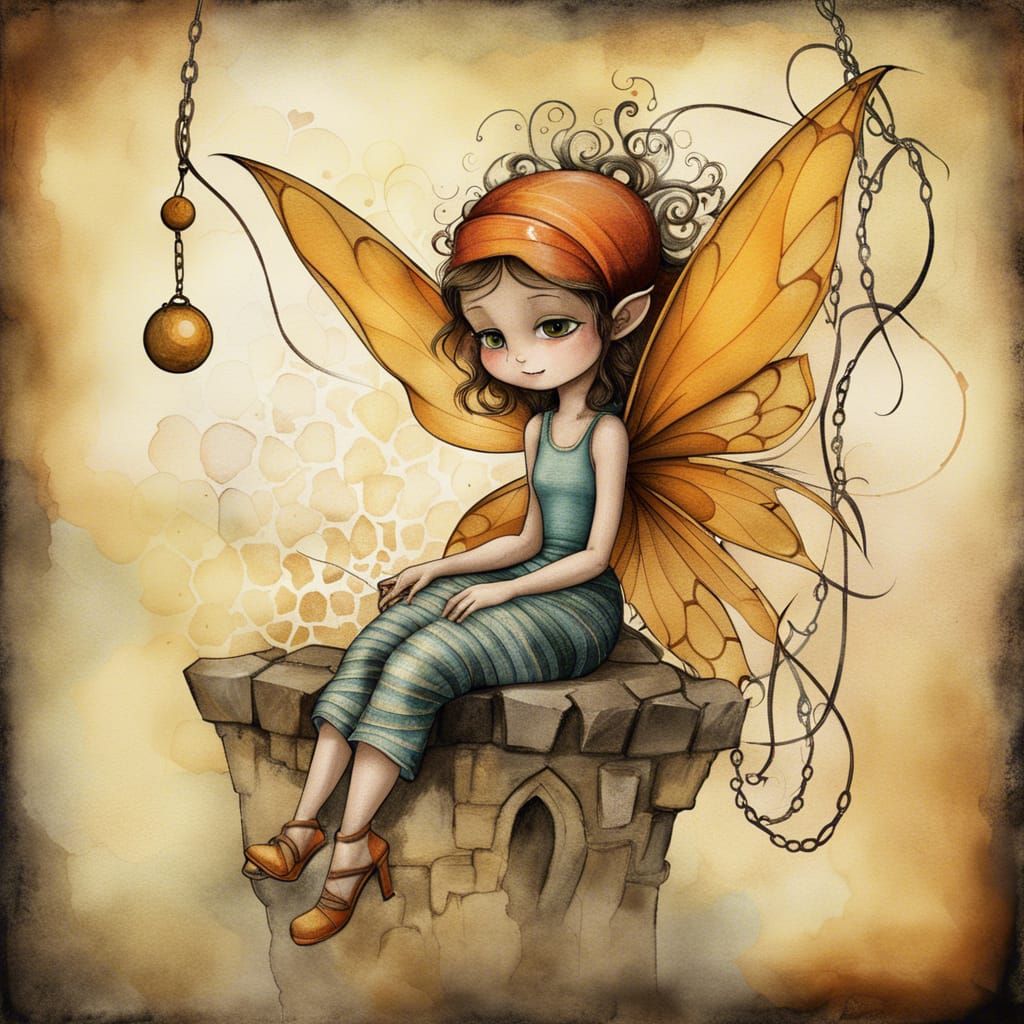 Dark Fairy Prisoner in Surrealist Watercolor Style