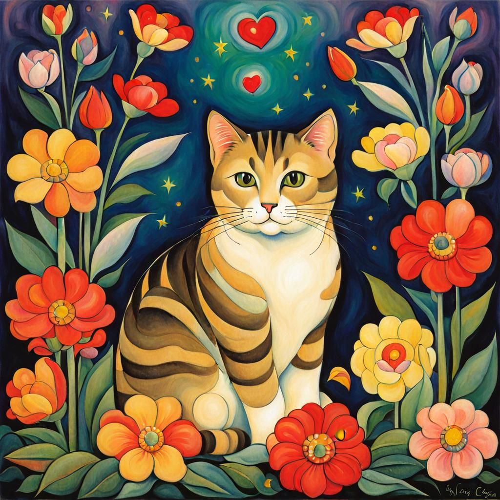 Cute Cat Surrounded by Flowers, Muralism Style