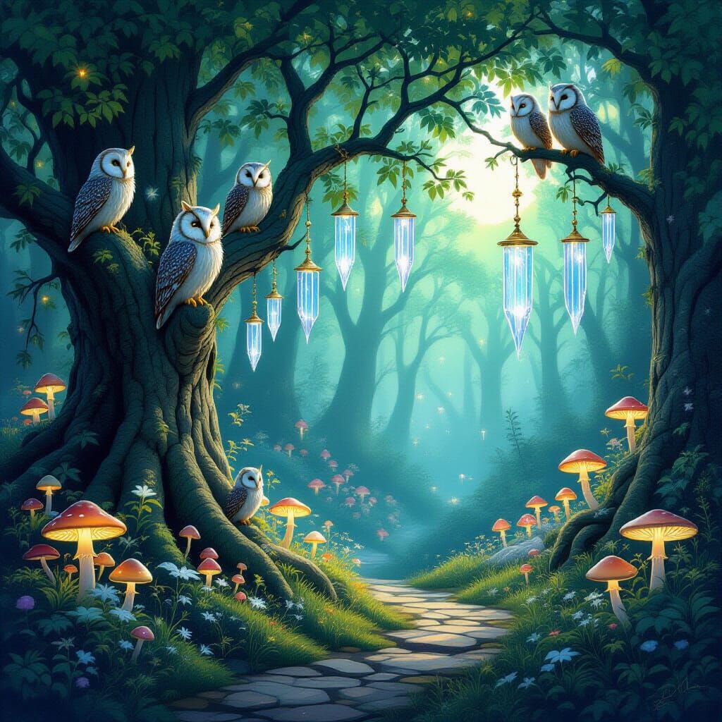Enchanted Forest Grove with Glowing Mushrooms and Crystal Tr...