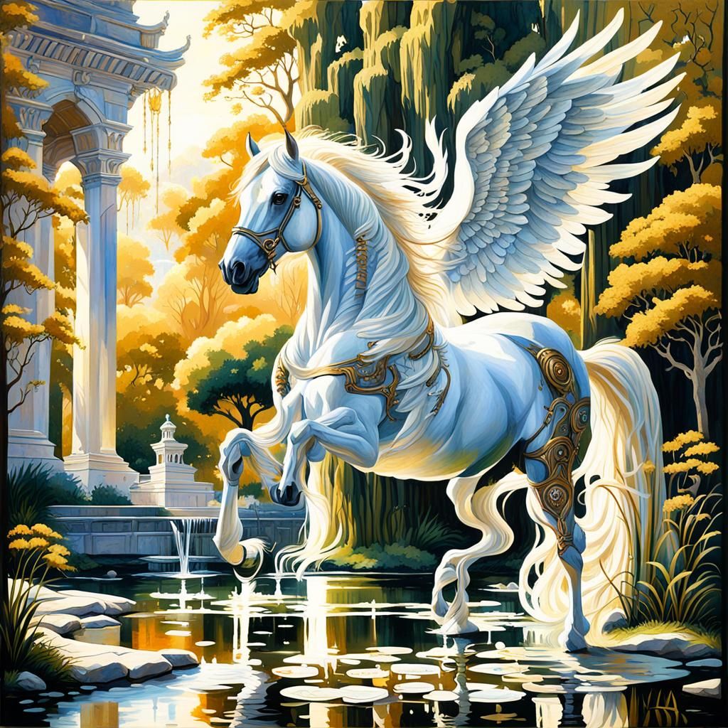 Ethereal Pegasus in Roman Garden: Gothic Impressionist Oil P...