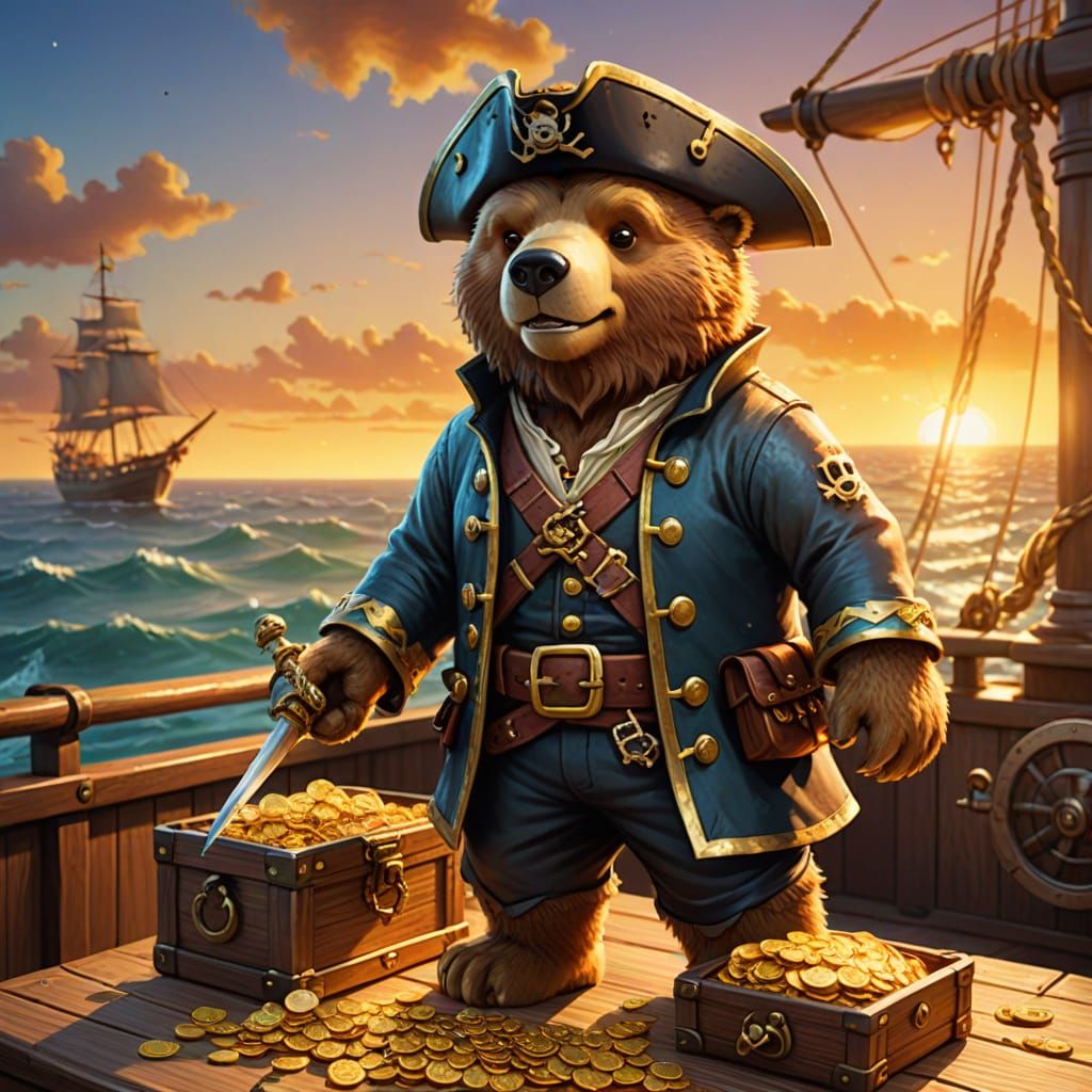 Friendly Pirate Bear on Treasure Ship in Digital Art Style