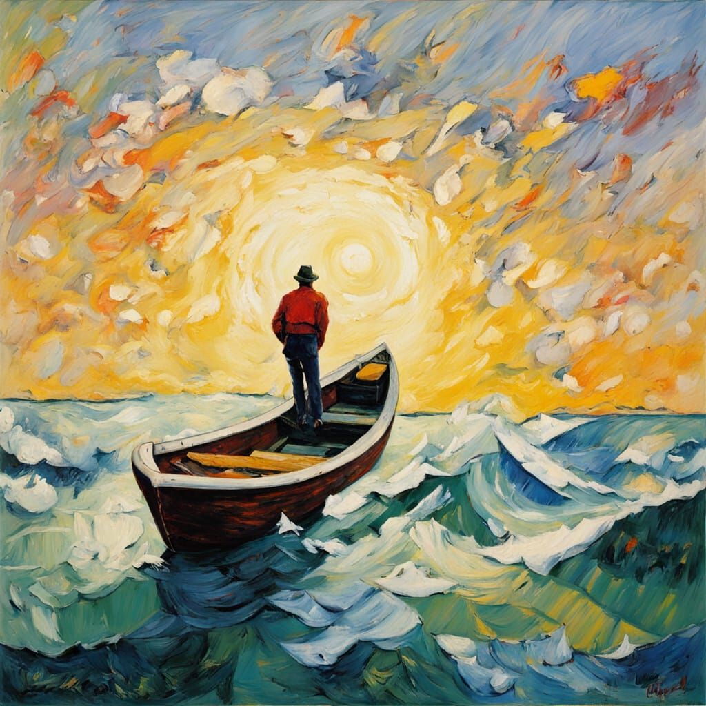 Vibrant Neo-Expressionist Easter Bunny Rowing Across Turbule...