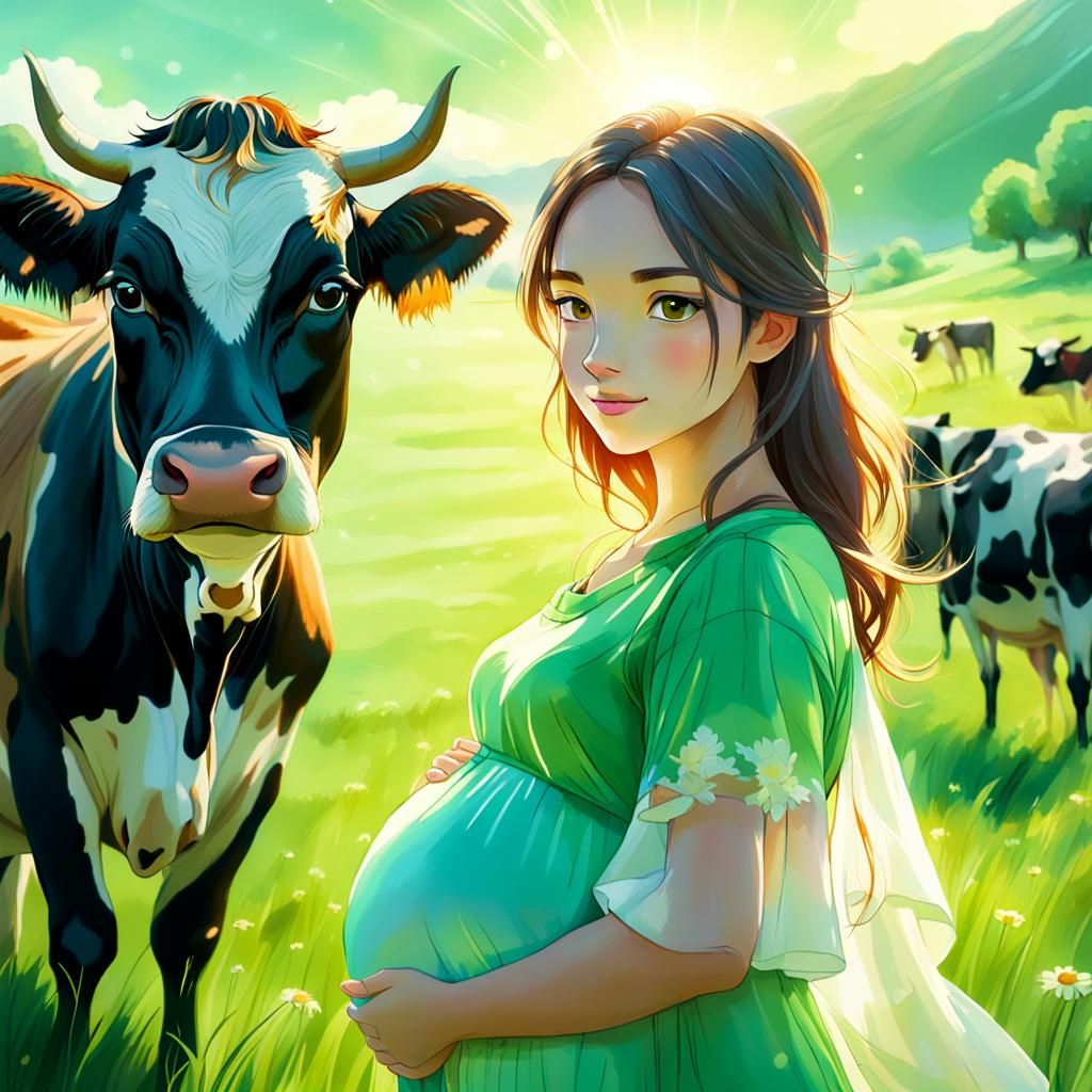 Pregnant Girl with Cow: Anime-Inspired Digital Watercolor