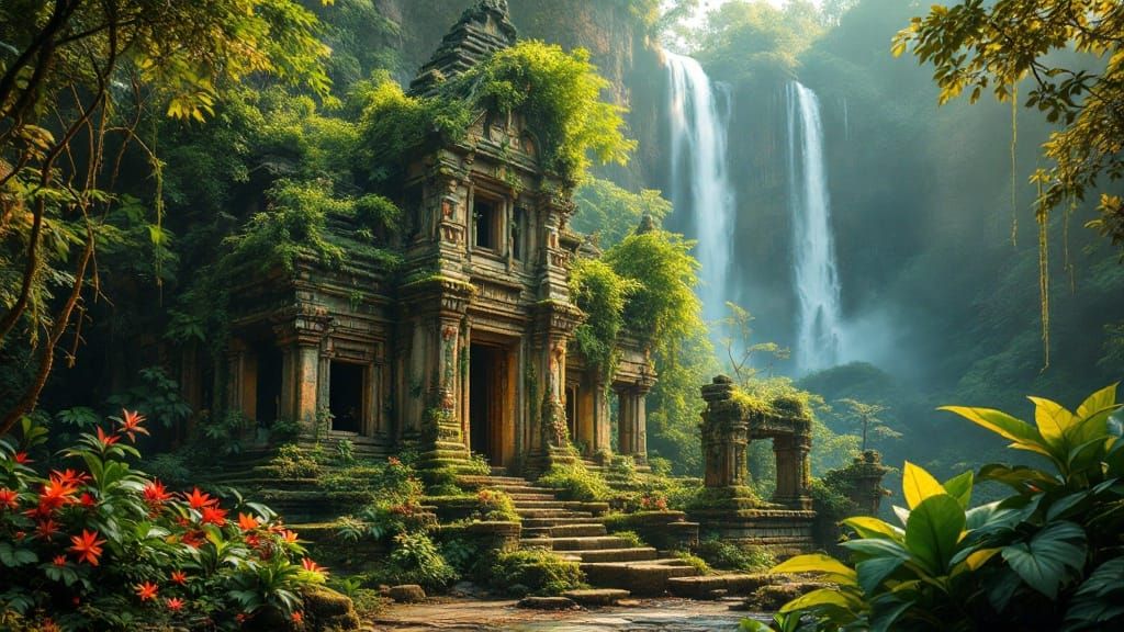 Ancient Thai Temple Ruins in Lush Rainforest Paradise