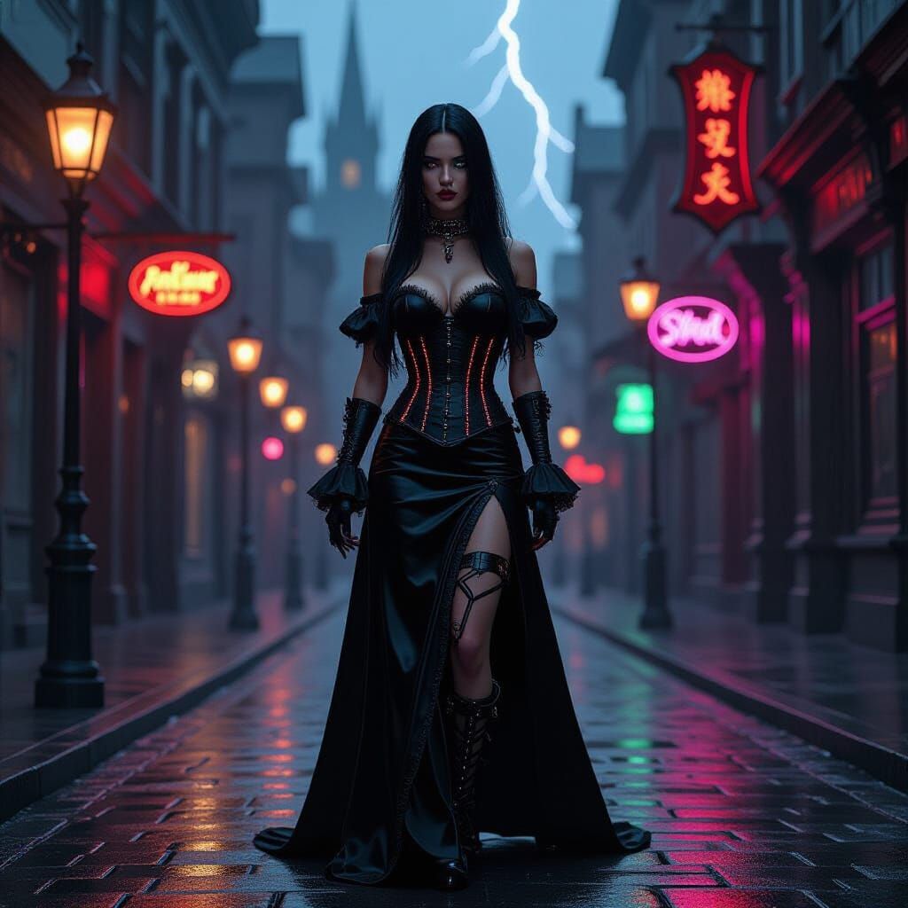 Gothic Cyberpunk Woman on Rain-Soaked Victorian Street