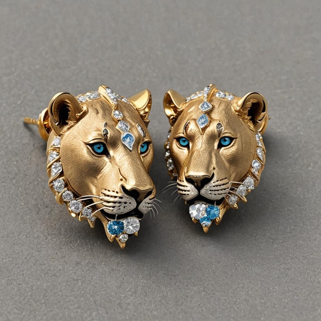 Lioness Head Earrings with Diamond Detailing