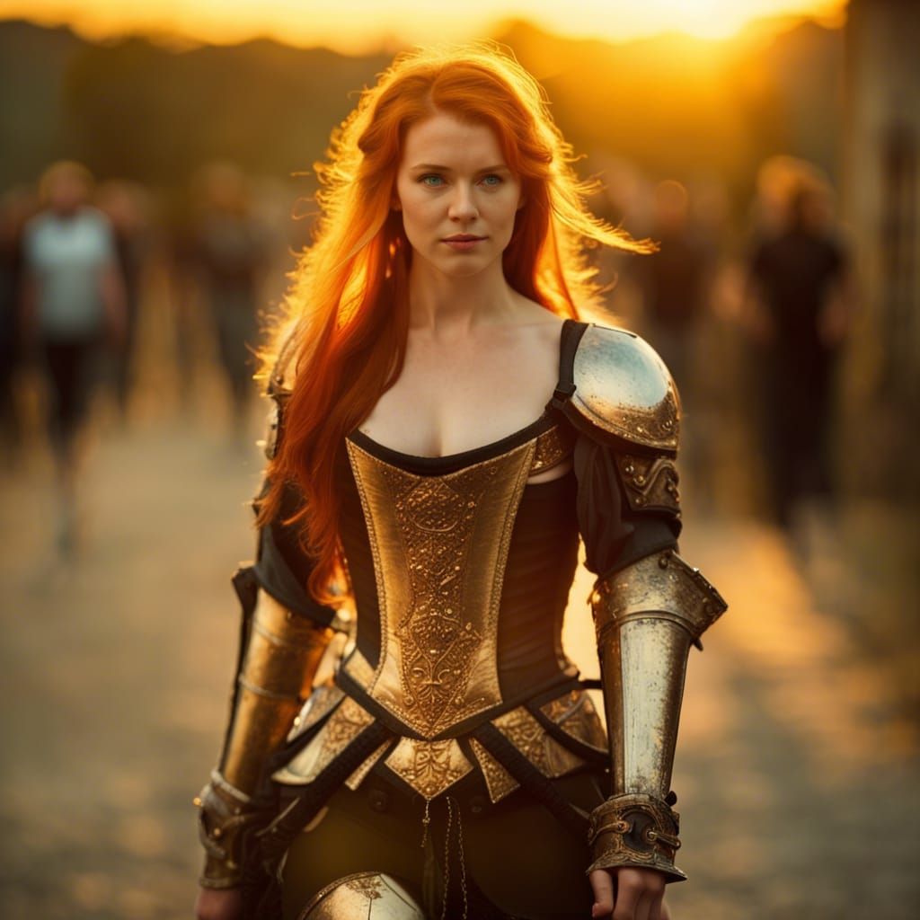 Medieval Goddess in Knight Armor at Sunset