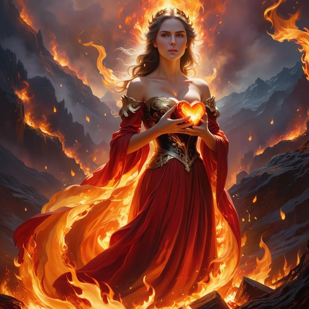 Woman Holding Burning Heart in Fantasy Oil Painting