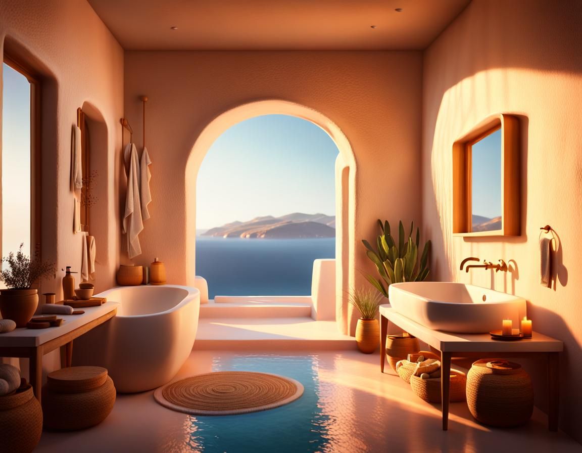 Cycladic Hermit's Bathroom at Golden Hour: 3D Art