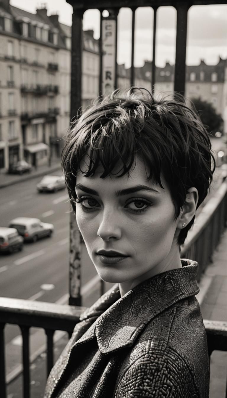 B&W photo of a moody introverted French actress
