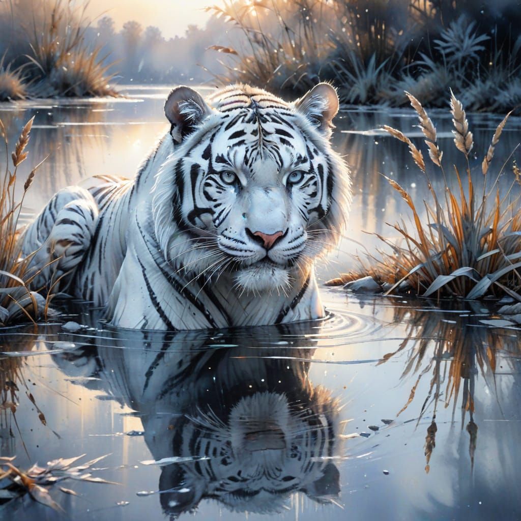 White Tiger on Frosted Lake: Watercolour Art