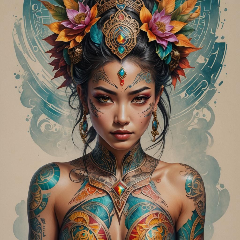 Futuristic Latina with Oriental Tattoos in Hyperdetailed Art