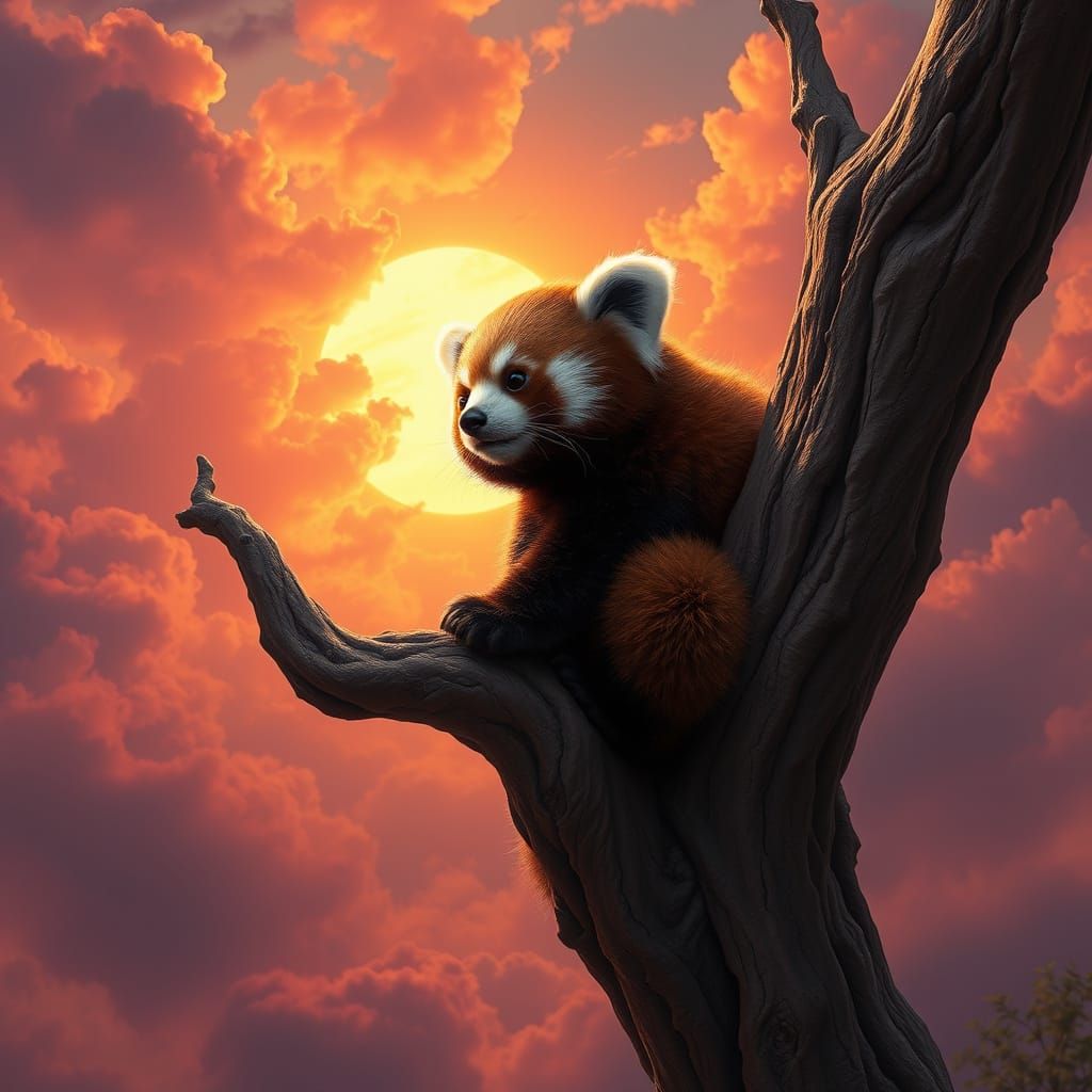 Mystical Red Panda Amidst Vibrant Sunset