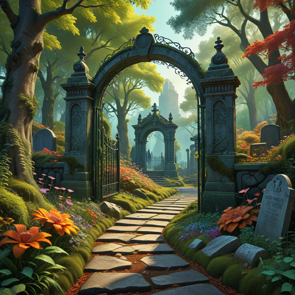 Surreal Graveyard Landscape in Vibrant Digital Art