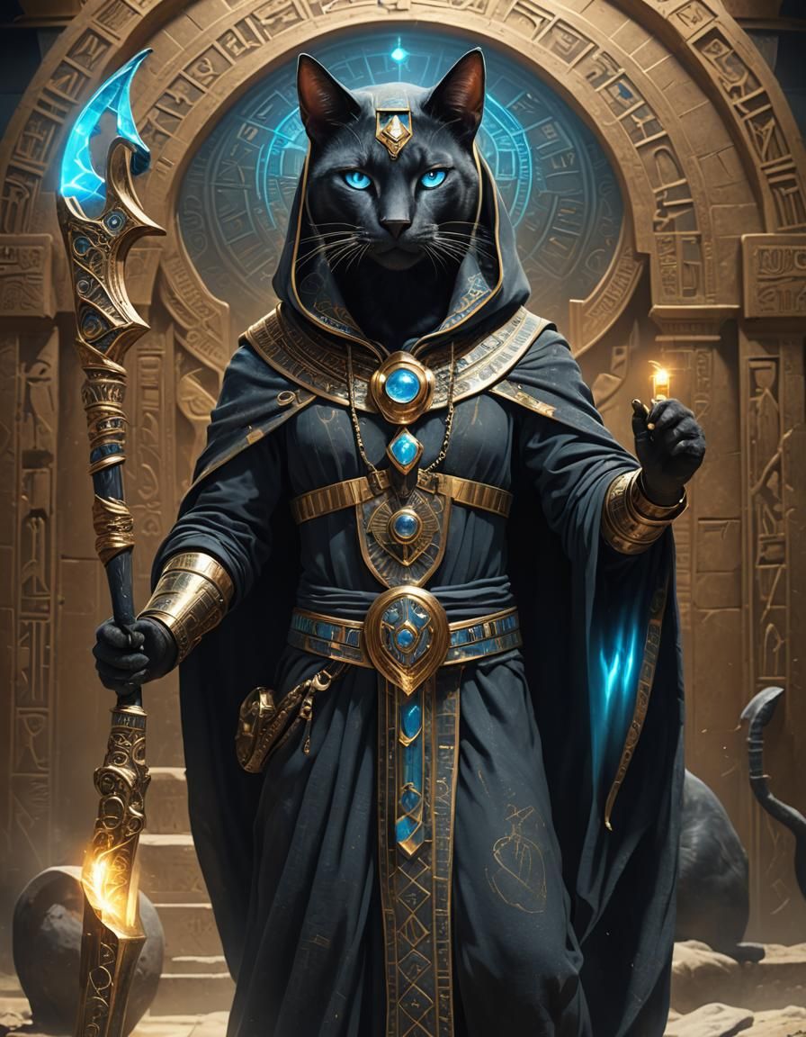 Egyptian Cat Goddess Bastet with Scythe and Hourglass