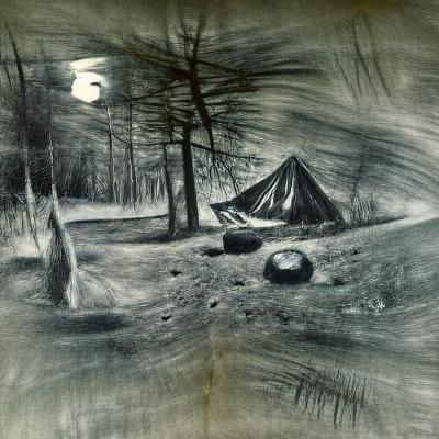 Charcoal Drawing of Campfire Under Moon
