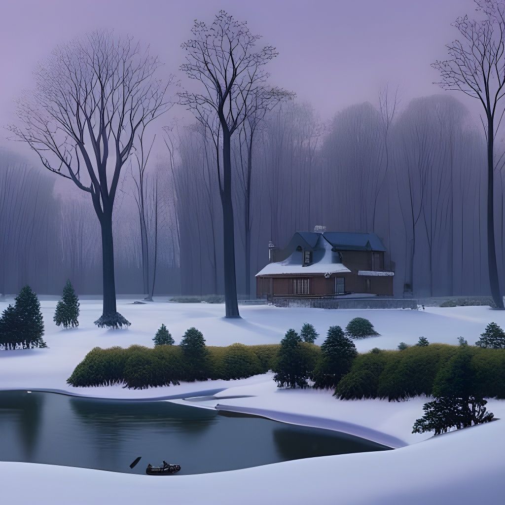 Winter Pond and House: Romantic Impressionism