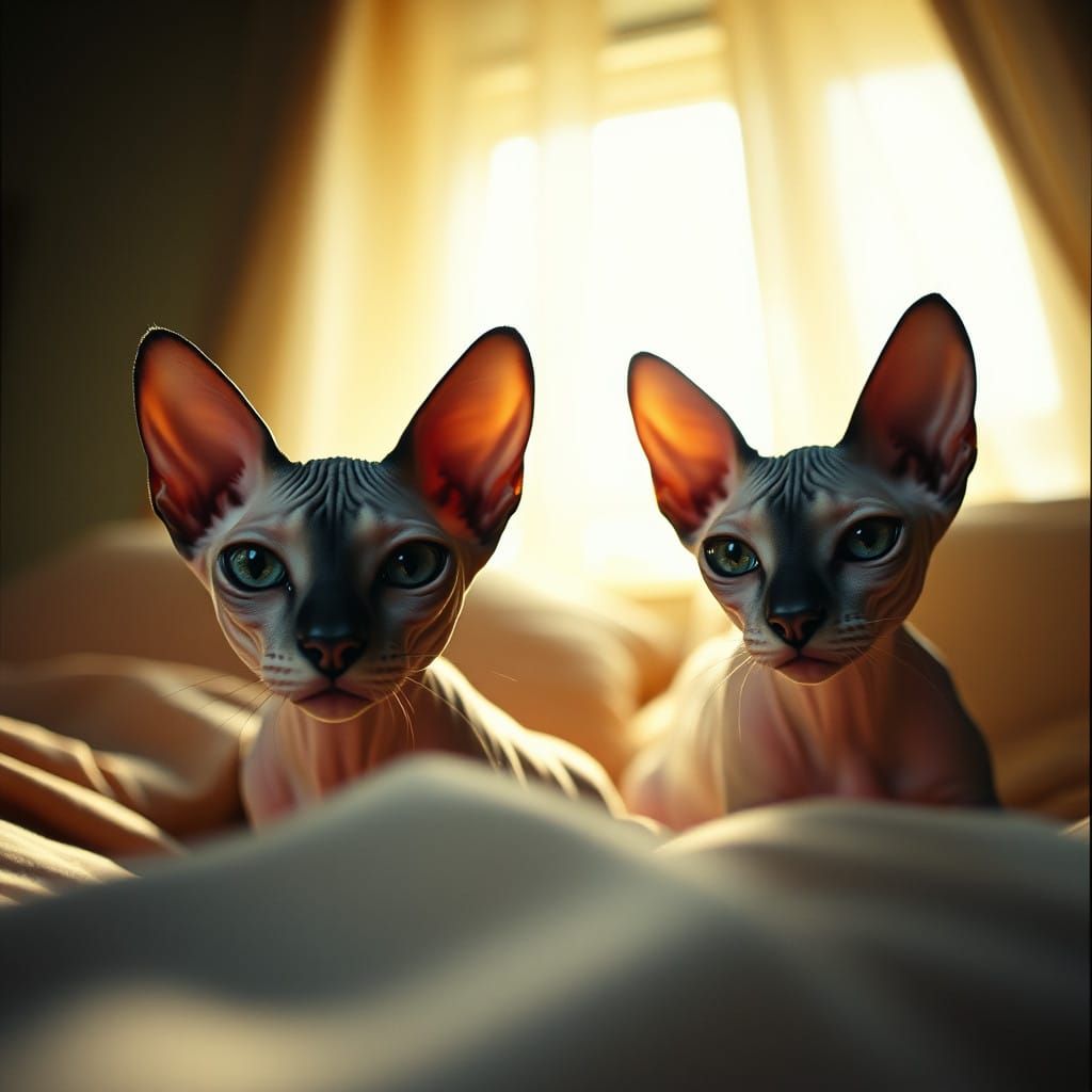 Regal Sphynx Cats Reign Over Sunlit Bedroom