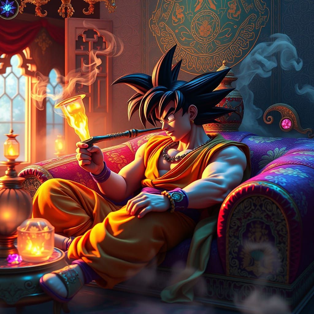Goku Smokes Narguile with Majin Boo in a Whimsical Eastern P...