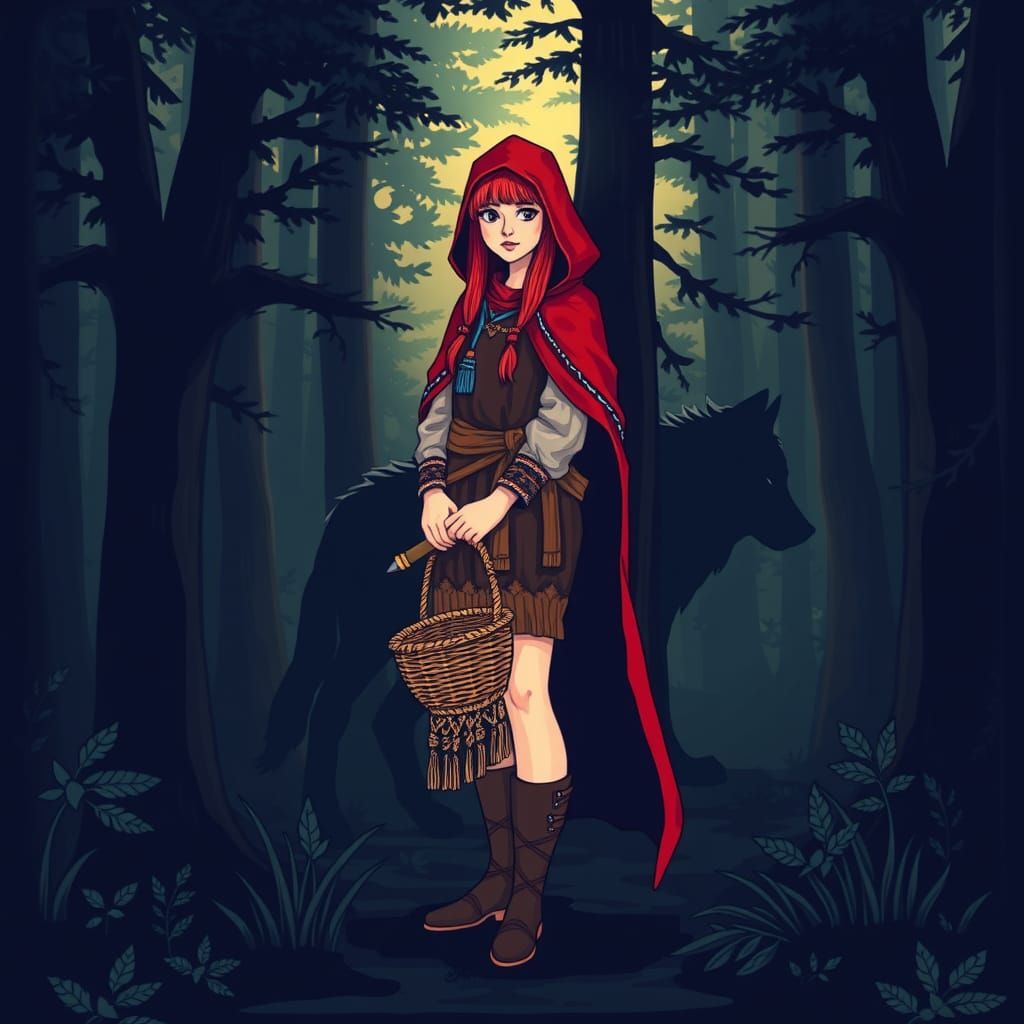 Red-Haired Woman in Forest, Haring-Style Illustration
