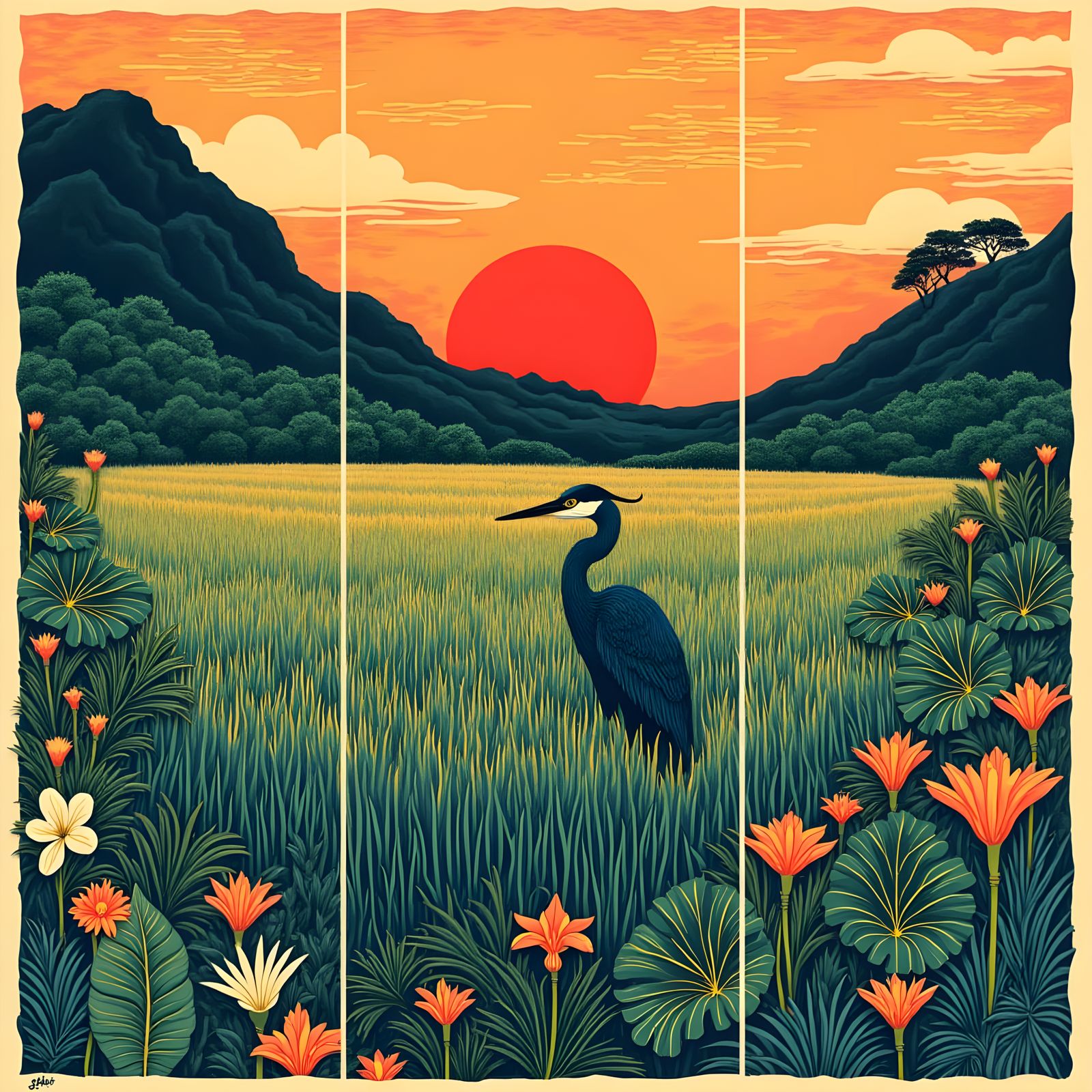 Heron in Rice Field: Woodcut Triptych