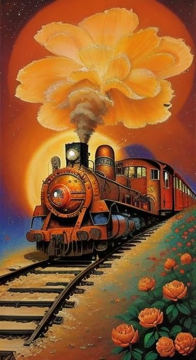 Redscale Aztec Robot Train in Surreal Style