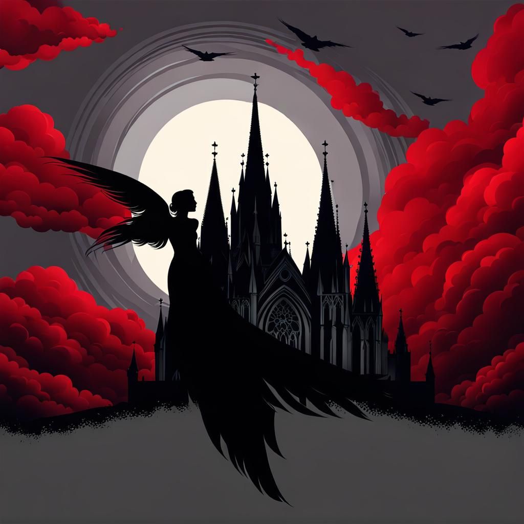 Gothic Woman with Angel Wings Over Cathedral