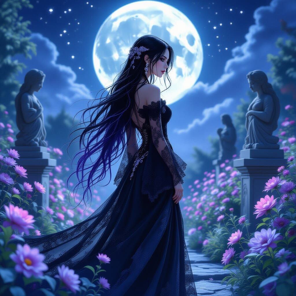 Gothic Woman in Moonlit Garden, Watercolor Style