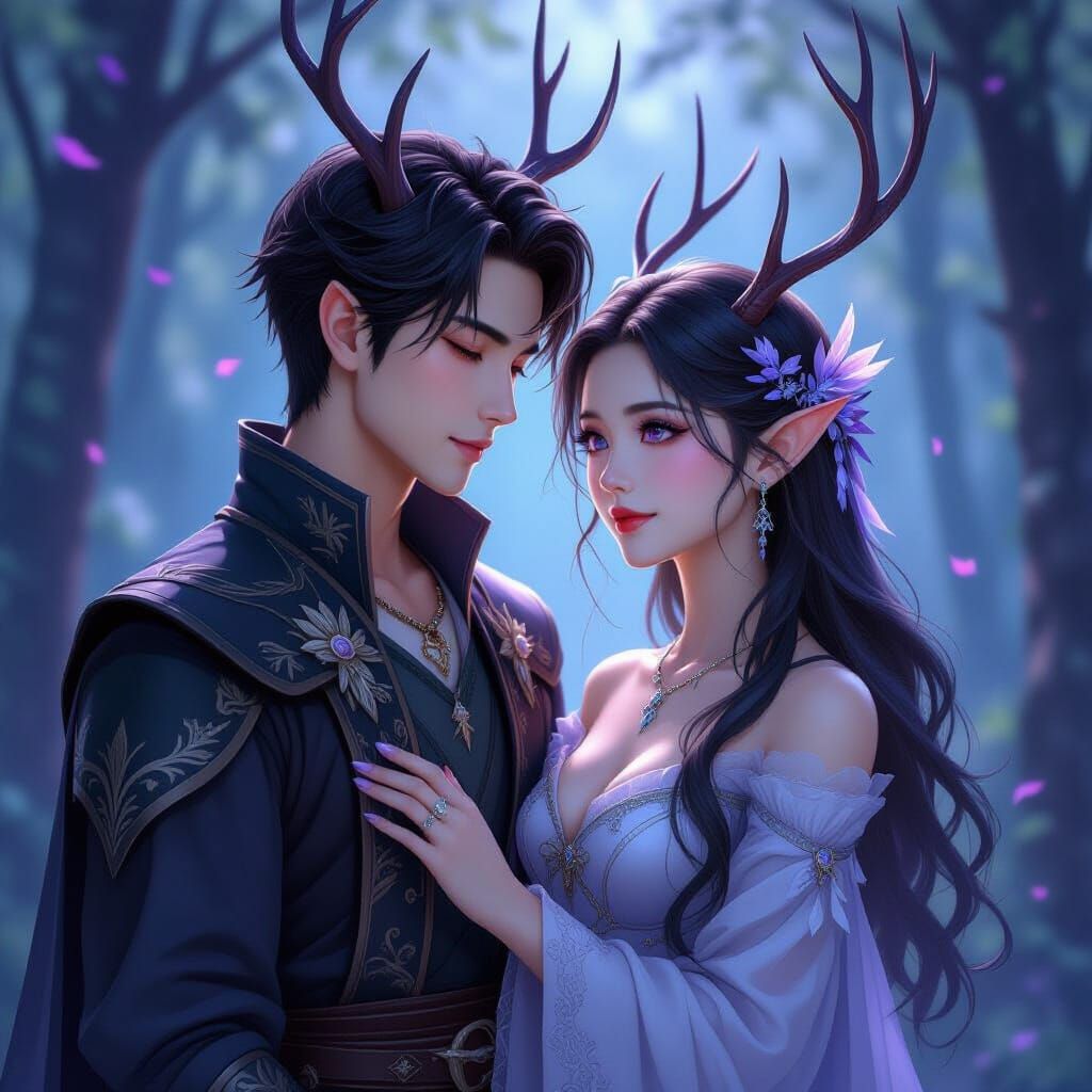 Elegant Human Deer Couple in Moonlit Forest